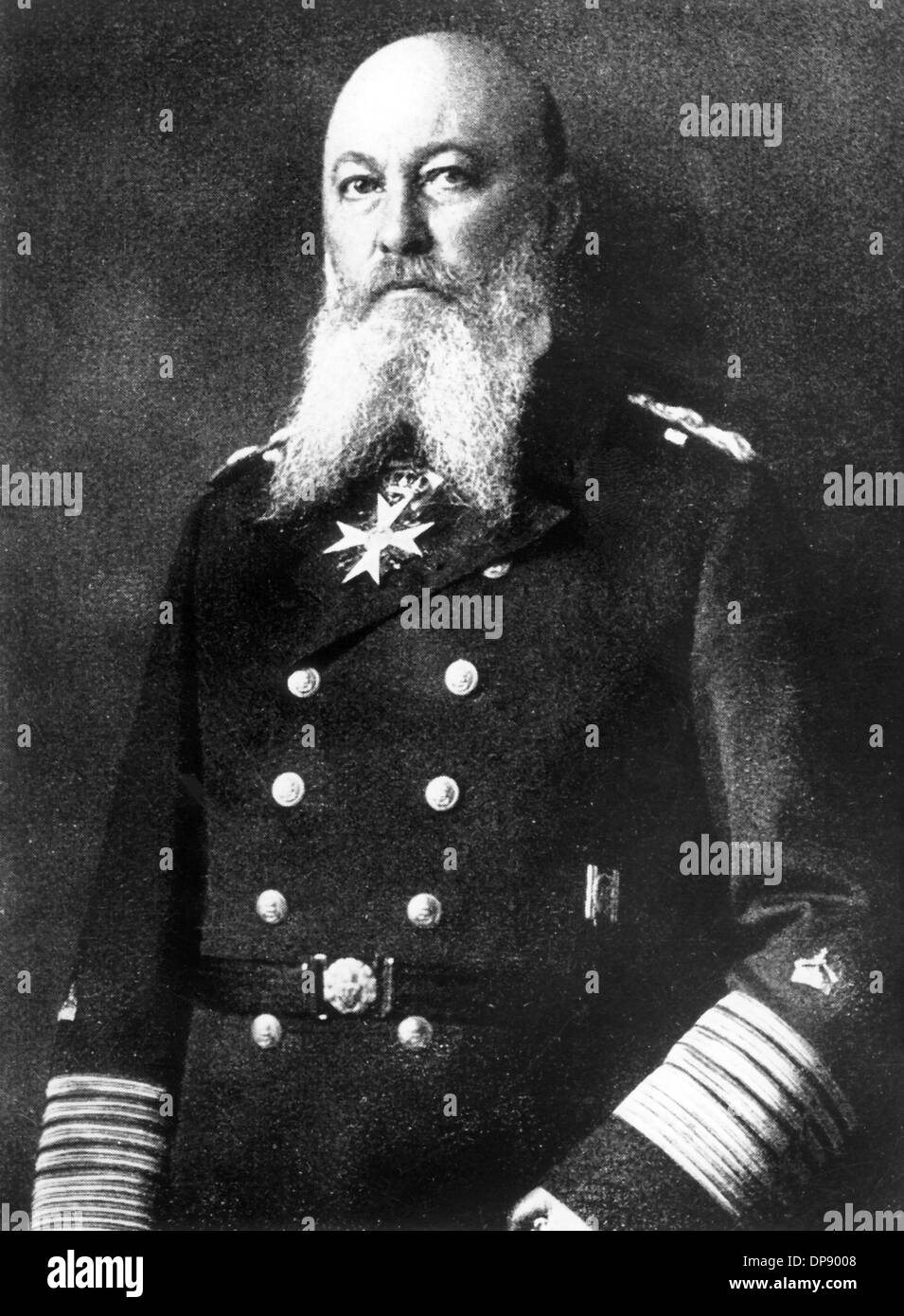 Single picture of the Grand Admiral Alfred von Tirpitz. He was considered as the founder of the German deep sea fleet and was promoted from supreme commander of the marine to the fleed admiral. The 'Tirpitz-Plan', which was named after him, planned the development of the second largest European sea fleet and lead to the arms race with Great Britain during the First World War. (Undated library photo) Stock Photo
