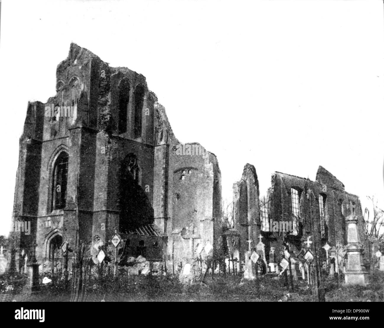 The ruin of the church of Langemark after escalade of German volunteers (picture taken in 1915). Set off by the deadly shots on Austrian heir to the throne Franz Ferdinand by Serbian nationalists on the 28th of June in 1914 in Sarajevo, World War I broke out. During World War I, Germany, Austria, Austria-Hungary as well as later Turkey and Bulgary fought against Britain, France and Russia. The sad end result in 1918 comprised roughly 8.5 million soldiers killed in action, more than 21 million wounded and almost 8 million prisoners of war and missing people. Stock Photo