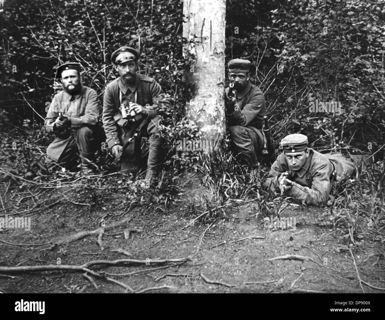 German soldiers at the Western front in 1915. Set off by the deadly shots on Austrian heir to the throne Franz Ferdinand by Serbian nationalists on the 28th of June in 1914 in Sarajevo, World War I broke out. During World War I, Germany, Austria, Austria-Hungary as well as later Turkey and Bulgary fought against Britain, France and Russia. The sad end result in 1918 comprised roughly 8.5 million soldiers killed in action, more than 21 million wounded and almost 8 million prisoners of war and missing people. Stock Photo