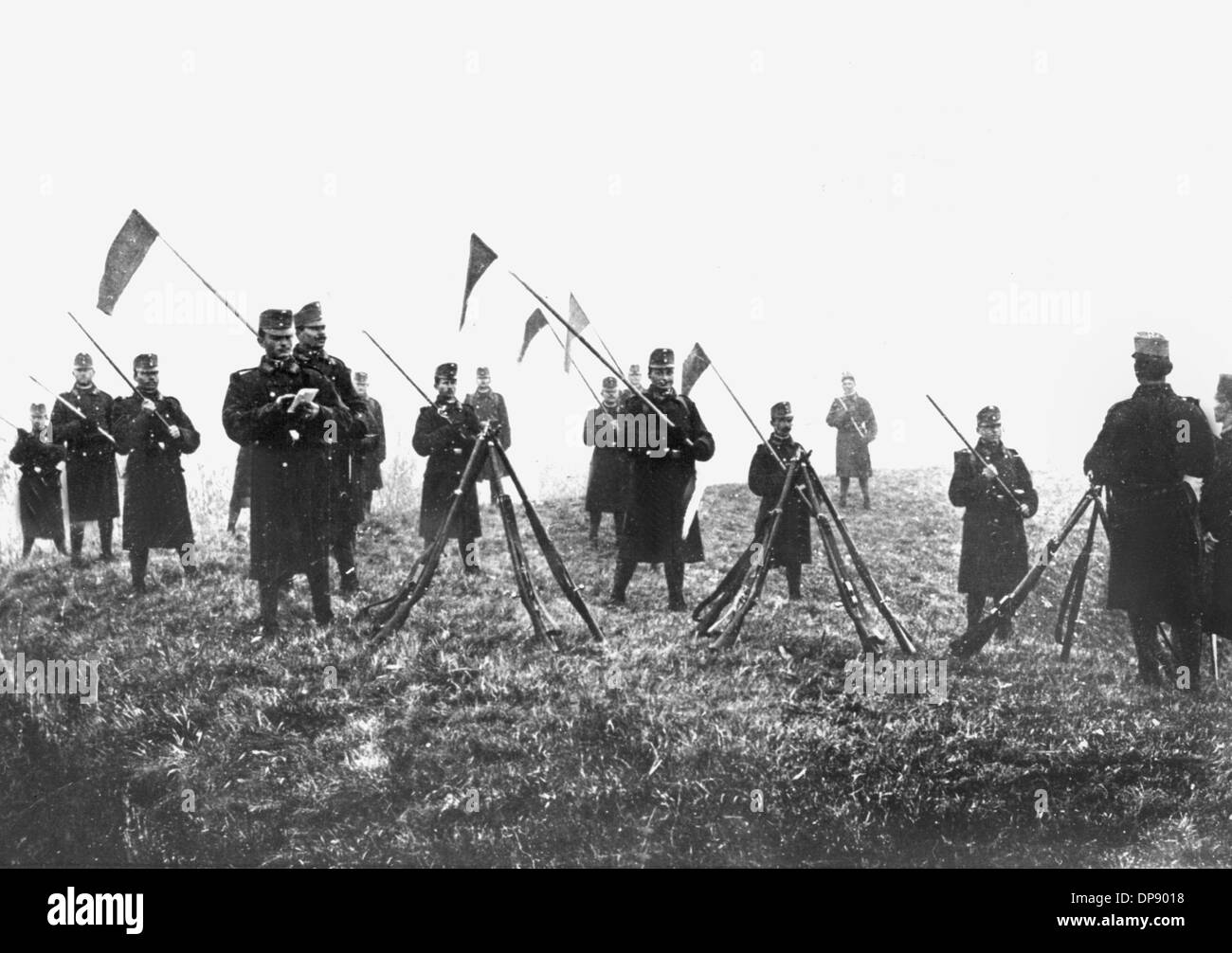 Austrian military during an exercise at the Serbian border in 1914. Set off by the deadly shots on Austrian heir to the throne Franz Ferdinand by Serbian nationalists on the 28th of June in 1914 in Sarajevo, World War I broke out. During World War I, Germany, Austria, Austria-Hungary as well as later Turkey and Bulgary fought against Britain, France and Russia. The sad end result in 1918 comprised roughly 8.5 million soldiers killed in action, more than 21 million wounded and almost 8 million prisoners of war and missing people. Stock Photo
