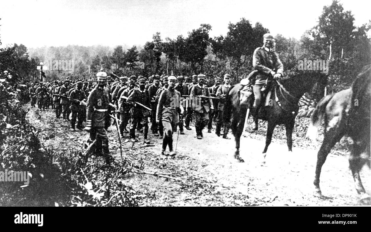 The first German troops cross the French border in August 1914. Set off by the deadly shots on Austrian heir to the throne Franz Ferdinand by Serbian nationalists on the 28th of June in 1914 in Sarajevo, World War I broke out. During World War I, Germany, Austria, Austria-Hungary as well as later Turkey and Bulgary fought against Britain, France and Russia. The sad end result in 1918 comprised roughly 8.5 million soldiers killed in action, more than 21 million wounded and almost 8 million prisoners of war and missing people.    (c) dpa - Report    Stock Photo