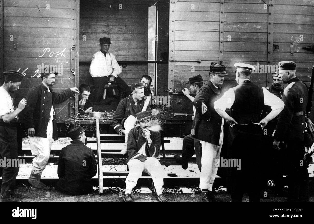 The first French prisoners of war, partly in their underpants, at the train station Niederhone near Eschwege. Set off by the deadly shots on Austrian heir to the throne Franz Ferdinand by Serbian nationalists on the 28th of June in 1914 in Sarajevo, World War I broke out. During World War I, Germany, Austria, Austria-Hungary as well as later Turkey and Bulgary fought against Britain, France and Russia. The sad end result in 1918 comprised roughly 8.5 million soldiers killed in action, more than 21 million wounded and almost 8 million prisoners of war and missing people.    (c) dpa - Report    Stock Photo