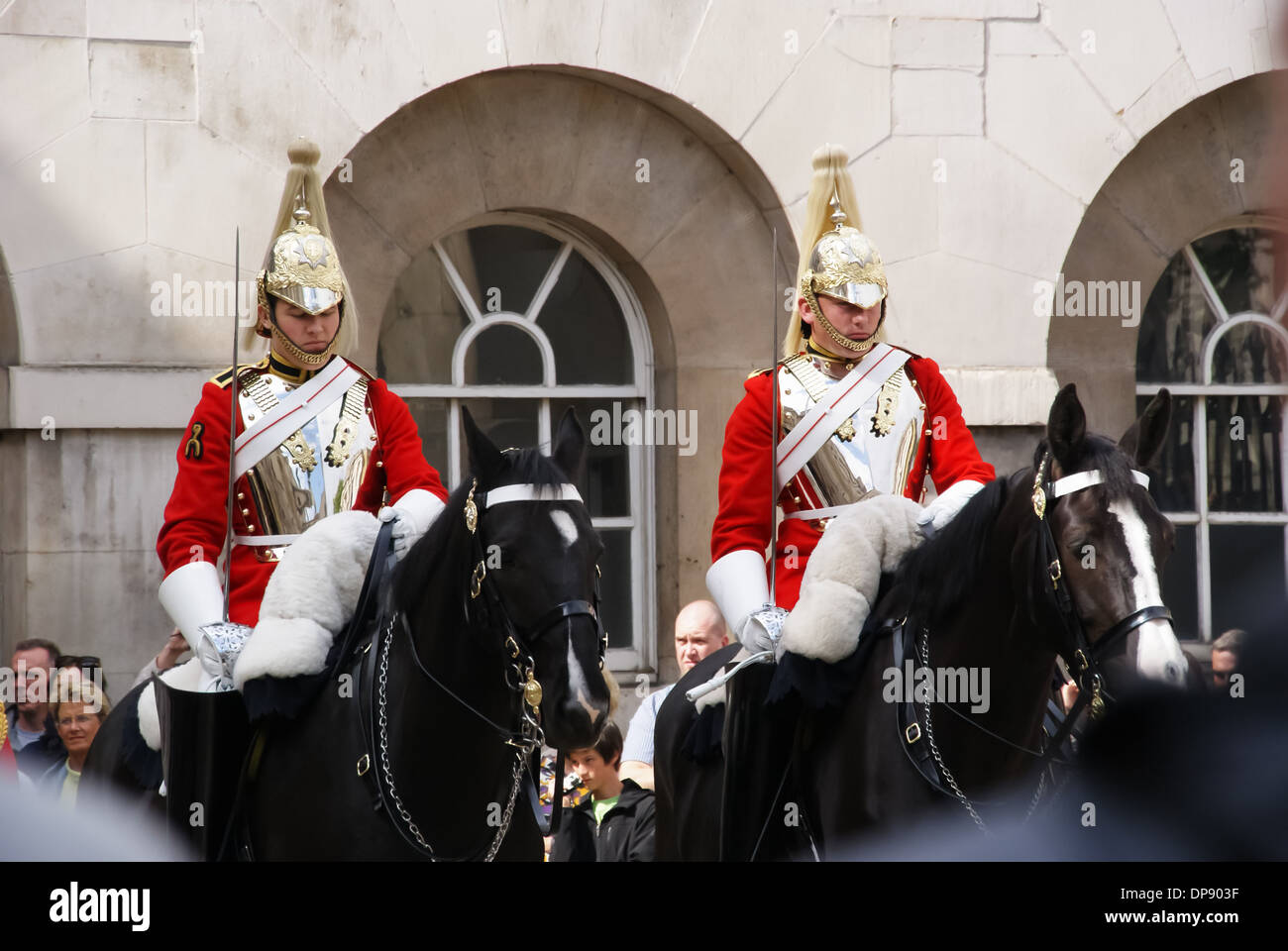Two mounted guards outside Horse Guards at Whitehall, London England