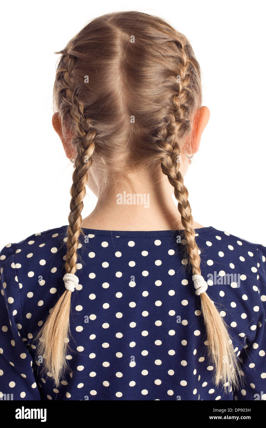 little girl with pigtails on white background Stock Photo