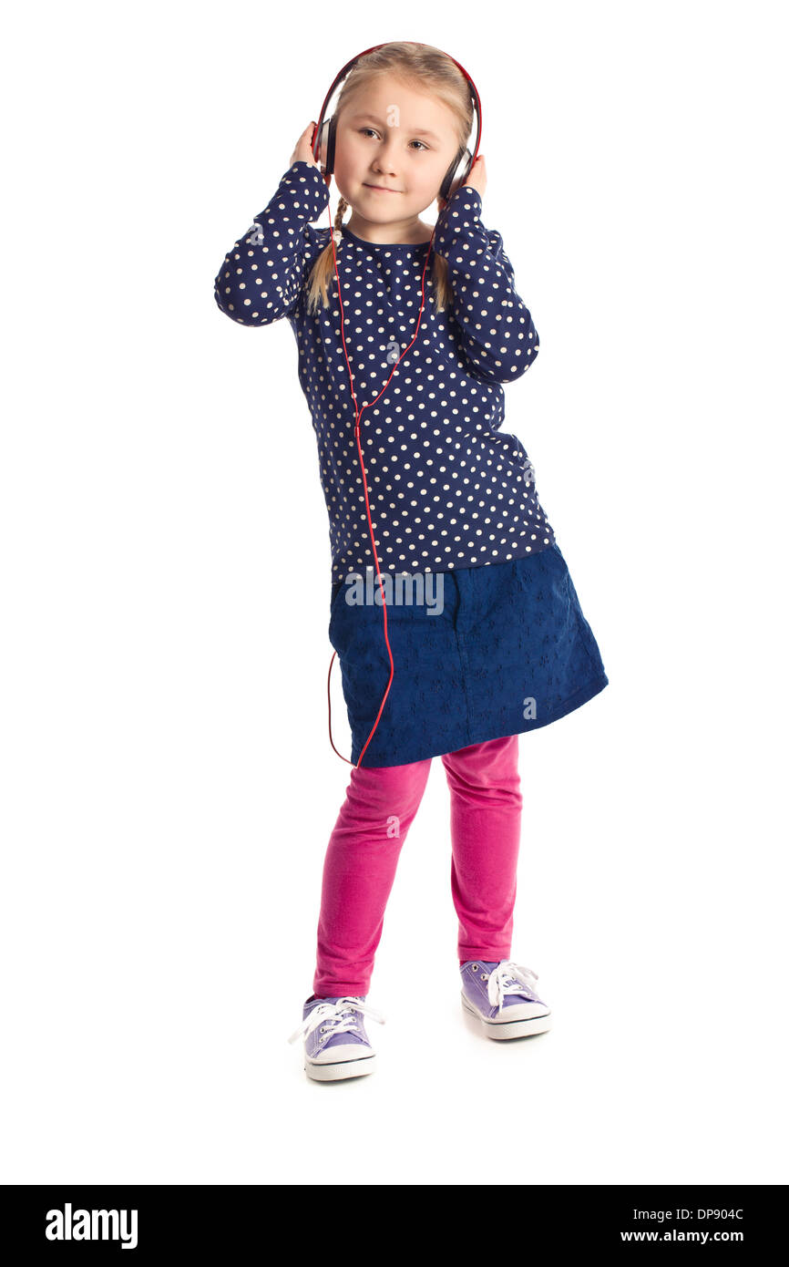 little standing girl with headphones on white background Stock Photo ...