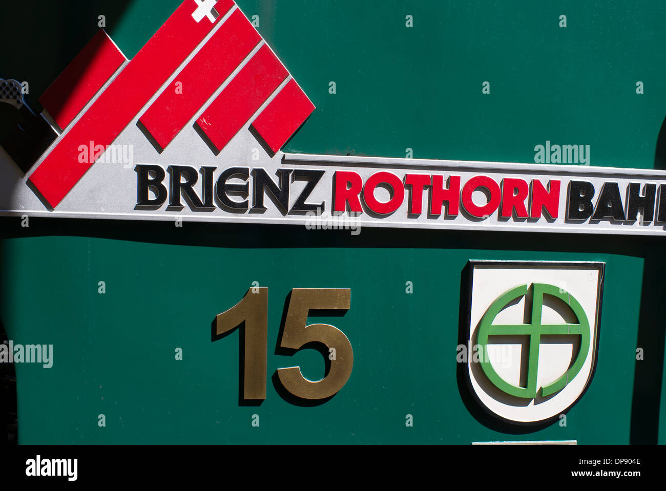 Information on side of Brienz Rothorn Bahn railway engine Stock Photo