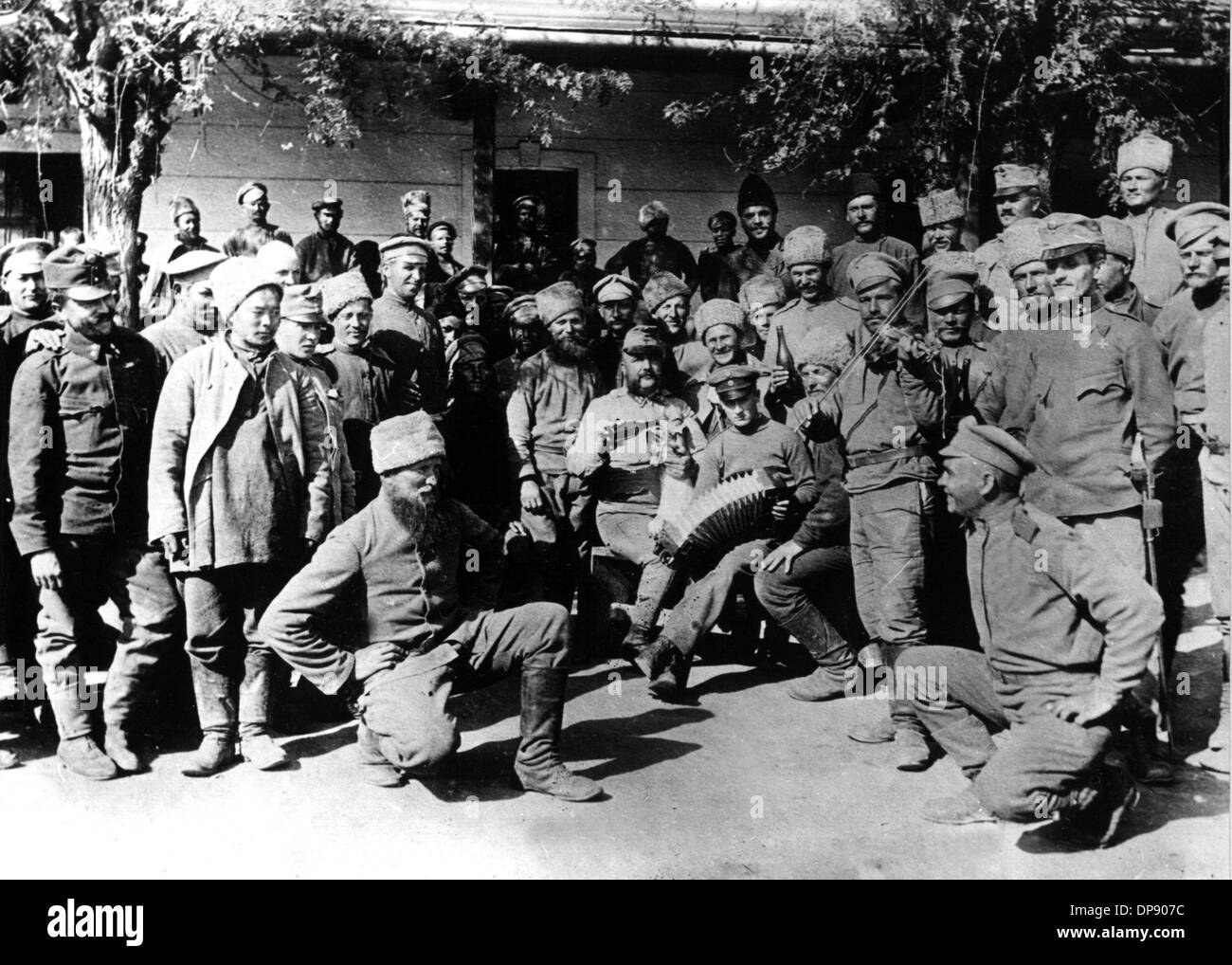 Russian prisoners of war in a camp in Galicia (undated). Set off by the deadly shots on Austrian heir to the throne Franz Ferdinand by Serbian nationalists on the 28th of June in 1914 in Sarajevo, World War I broke out. During World War I, Germany, Austria, Austria-Hungary as well as later Turkey and Bulgary fought against Britain, France and Russia. The sad end result in 1918 comprised roughly 8.5 million soldiers killed in action, more than 21 million wounded and almost 8 million prisoners of war and missing people. Stock Photo