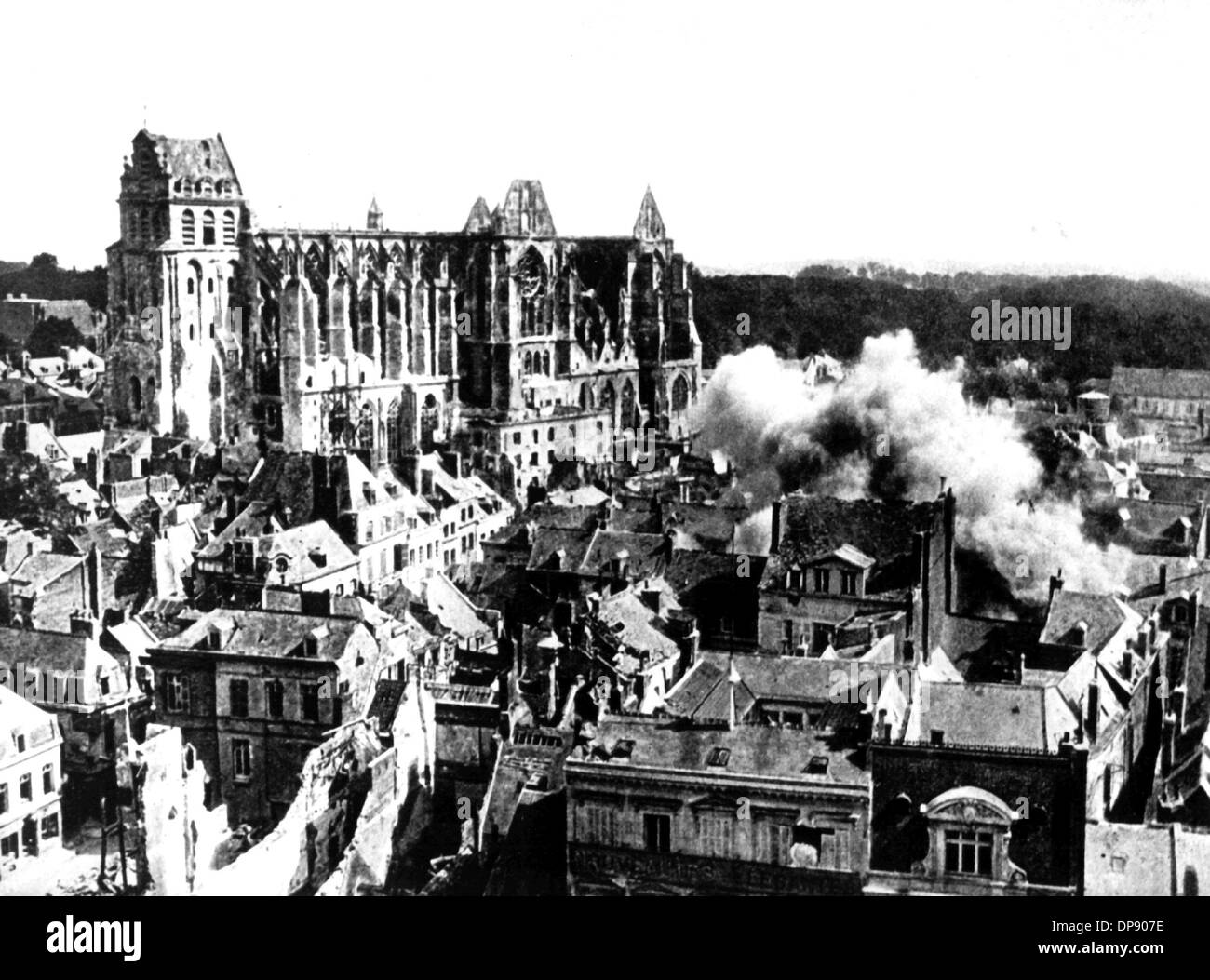 View of the town St. Quentin on the 28th of August in 1914, occupied by the German troops. St. Quentin held out until the 2nd of October in 1918, but was almost completely destroyed by French gunfire. Set off by the deadly shots on Austrian heir to the throne Franz Ferdinand by Serbian nationalists on the 28th of June in 1914 in Sarajevo, World War I broke out. During World War I, Germany, Austria, Austria-Hungary as well as later Turkey and Bulgary fought against Britain, France and Russia. The sad end result in 1918 comprised roughly 8.5 million soldiers killed in action, more than 21 millio Stock Photo