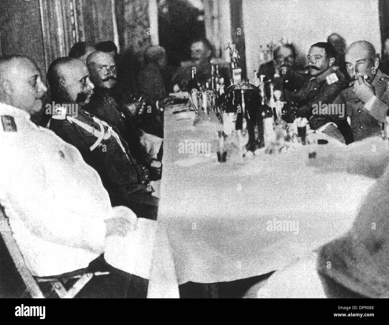 Russian general Paul Edler von Rennenkampf (2nd of left), chief of the Neman army, has breakfast with his headquarters personnel in a hotel in Insterburg (East Prussia) after the outbreak of World War I in 1914. He is blamed for the devastating defeat of the Russian Narew and Neman army at the Battle of Tannenberg at the end of August in 1914. Stock Photo
