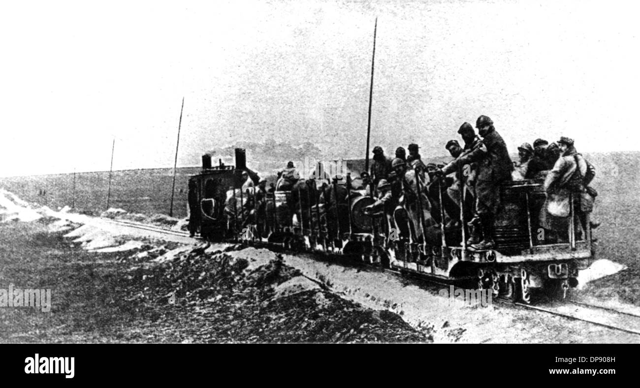 A light railway in Champagne, with which supplies and ammunition for the French troops are transported to the front lines (undated). The deadly shots by Serbian nationalists on the Austrian heir to the throne Franz Ferdinand on the 28th of June in 1914 in Sarajevo caused the outbreak of the Great War, later to be called World War I, in August 1914. The Central Powers, namely Germany, Austria-Hungary and as well later the Ottoman Empire (Turkey) and Bulgaria against the Triple Entente, consisting of Great Britain, France and Russia, as well as numerous allies. The sad result of World War I, wh Stock Photo