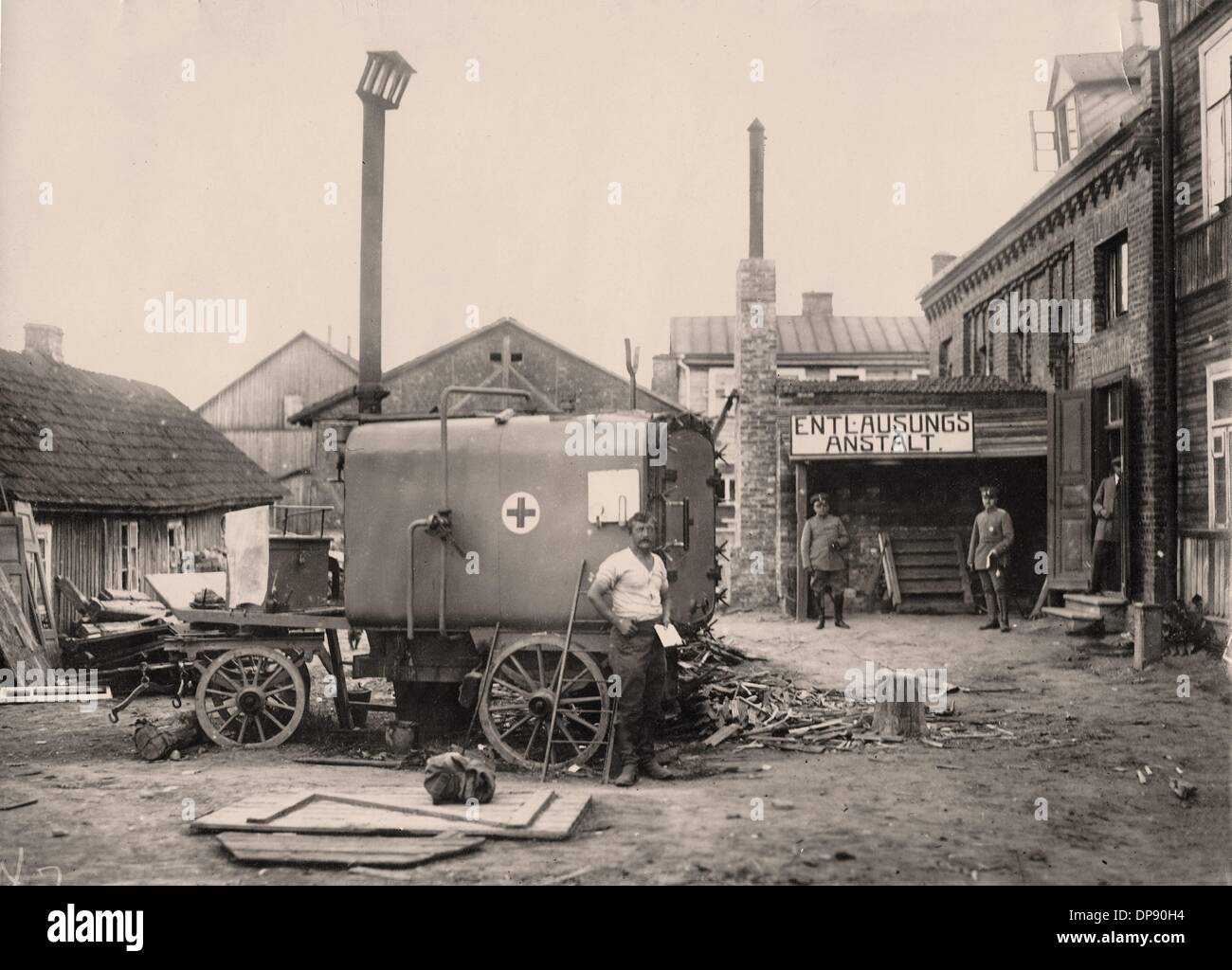 Soldiers are pictured in front of a delousing facility in Alexandrovo ...