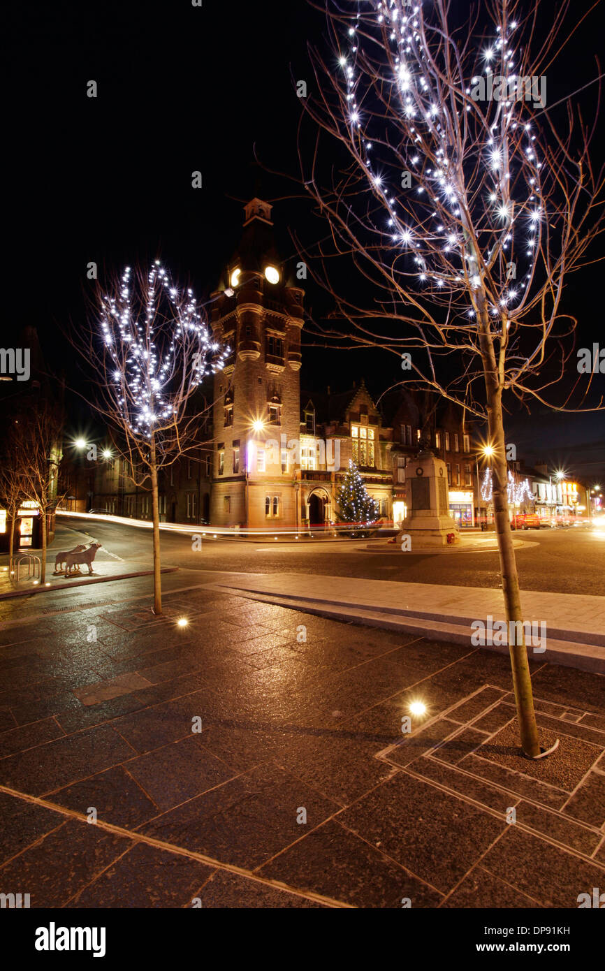 Lockerbie Town Centre Christmas lights early evening looking across to War Memorial and Town Hall Stock Photo