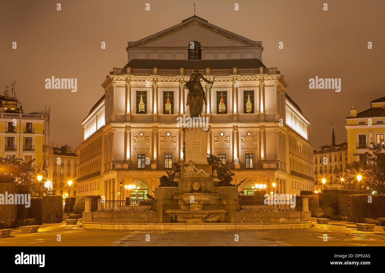 Madrid - Philip IV of Spain memorial and Opera at night Stock Photo