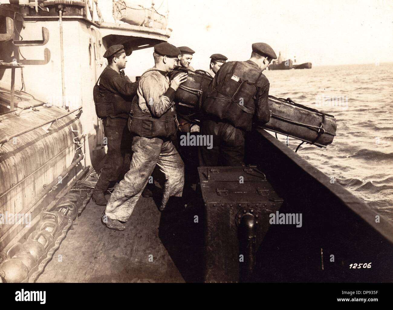 German marines throw out a lifebuoy of the mine sweeper fleet. Date and place unknown. Fotoarchiv für Zeitgeschichte Stock Photo