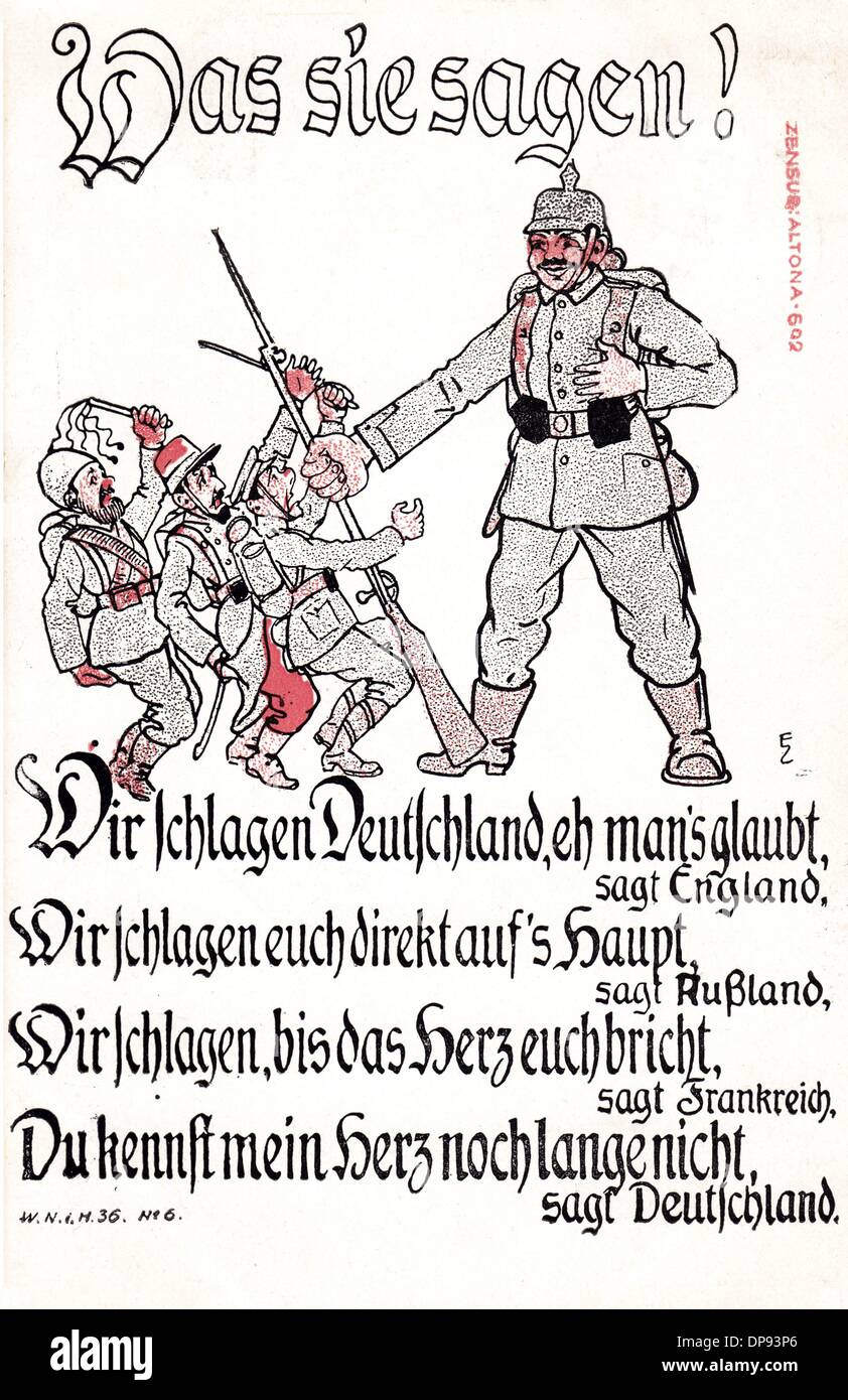 A historical drawing shows a propagandistic depiction of the First World War. Under the title 'What They Say', a German propaganda effort against the enemy England, France and Russia is undertaken. The postcards were sent to Dresden in 1915. Photo: Sammlung Sauer Stock Photo