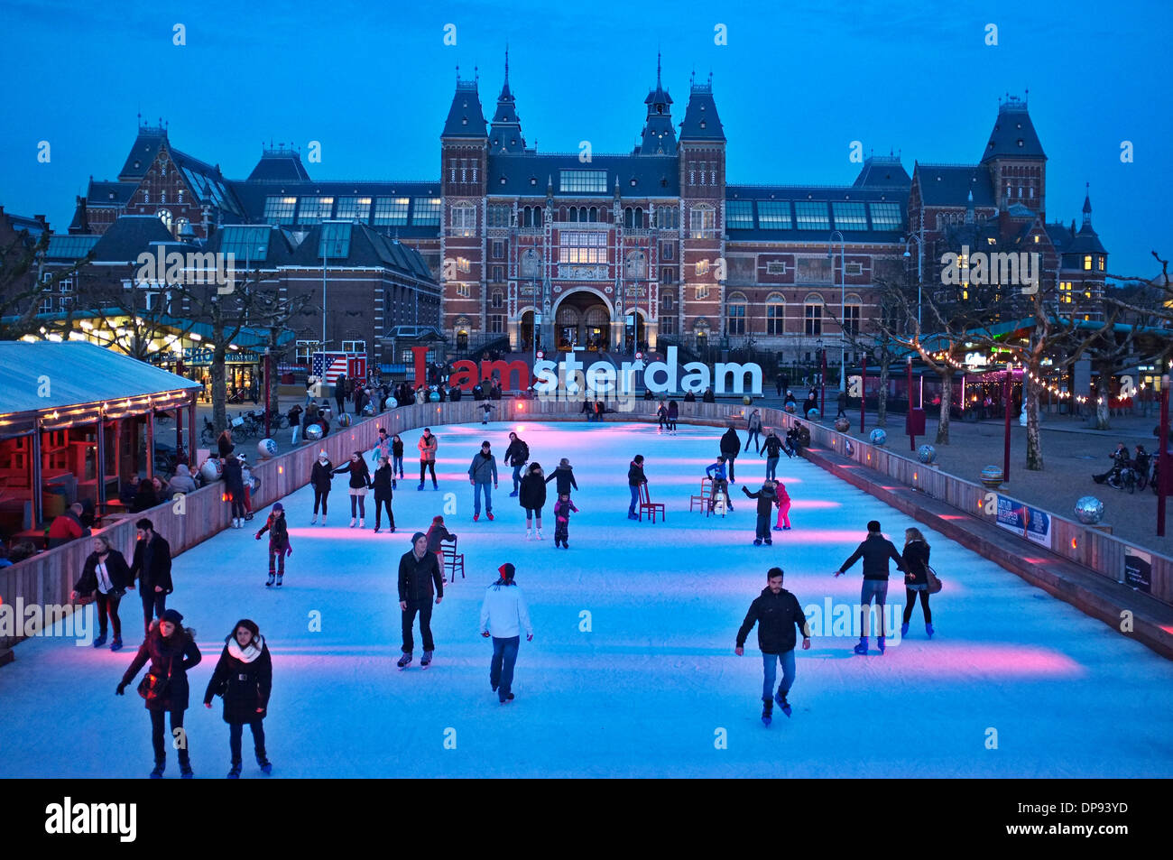 The rijk museum with ice skating rink and I AMSTERDAM SCUPLTURE Stock