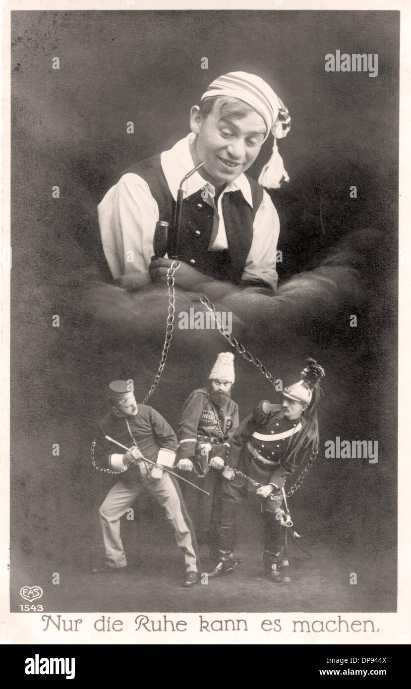 A postcard shows a retouched photograph depicting a giant German who has three small soldiers - symbolizing the French, Russian, and British Army - put in chains. 'Only if you keep calm' is written under the propagandistic image. Photo: Sammlung Sauer Stock Photo
