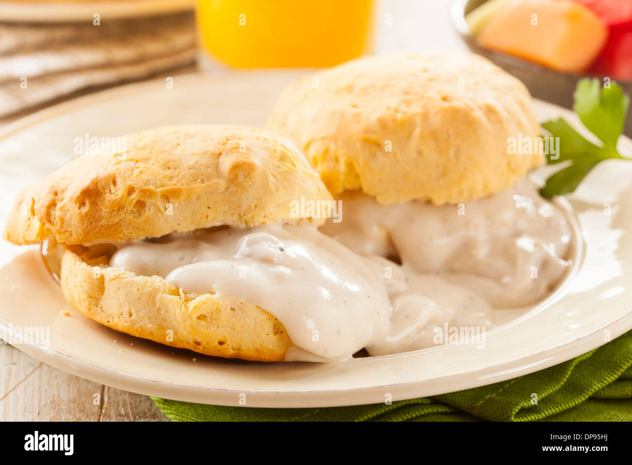 Homemade Buttermilk Biscuits and Gravy for Breakfast Stock Photo Alamy