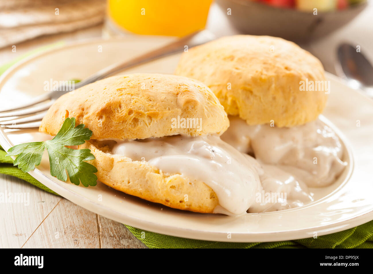Homemade Buttermilk Biscuits and Gravy for Breakfast Stock Photo Alamy