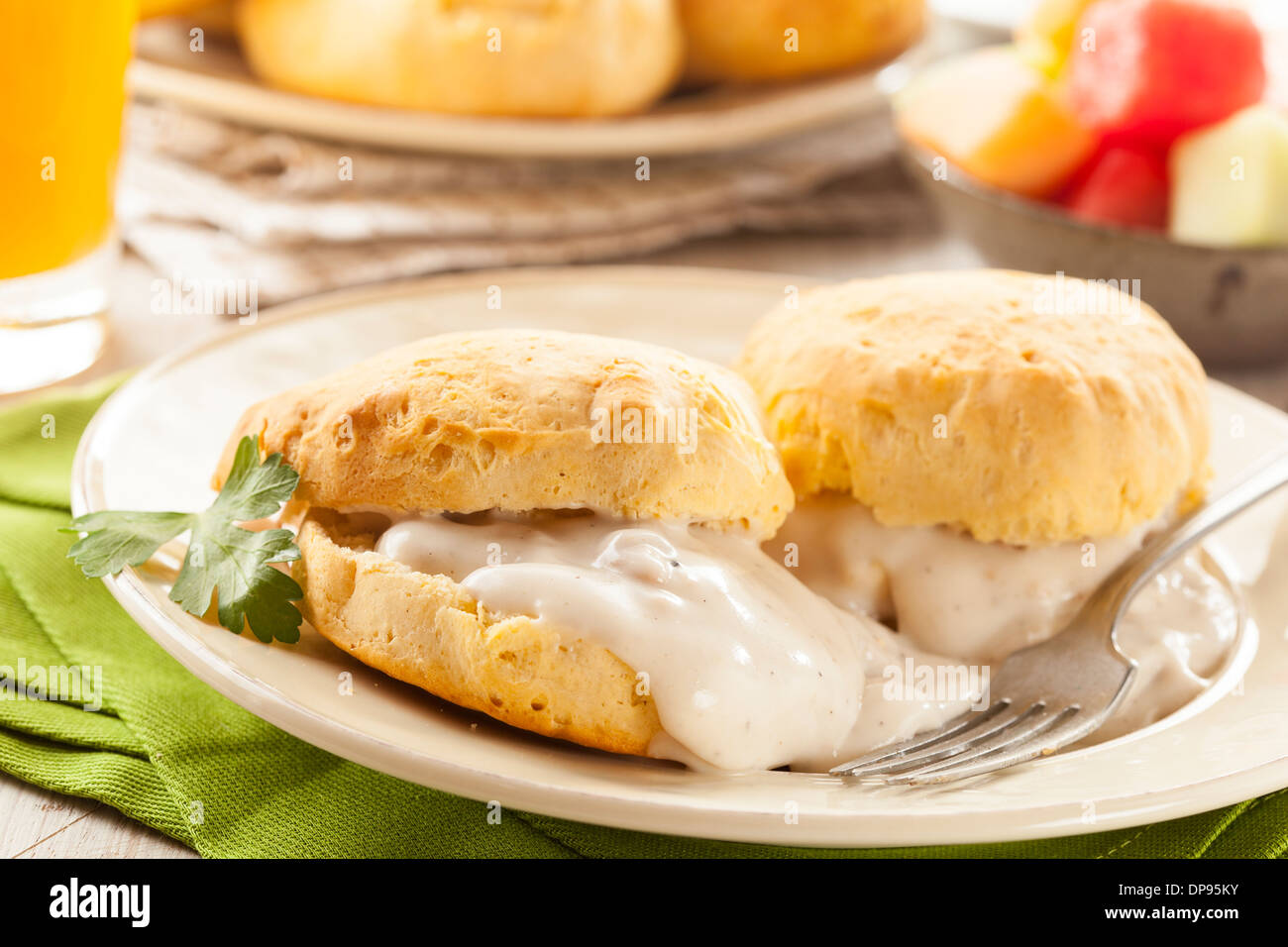 Homemade Buttermilk Biscuits and Gravy for Breakfast Stock Photo Alamy