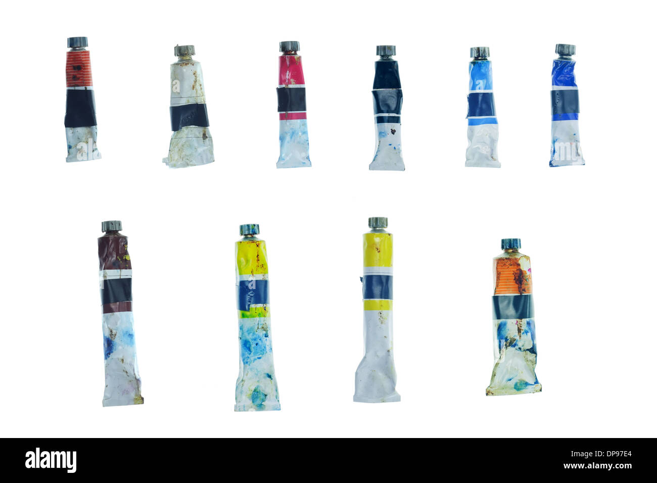 Oil paint color tubes over white with clipping path Stock Photo