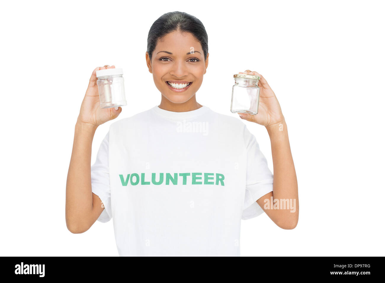 Smiling model wearing volunteer tshirt holding pots Stock Photo