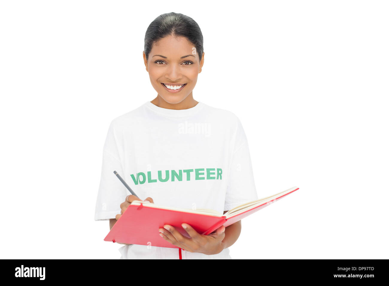 Happy model wearing volunteer tshirt writing Stock Photo