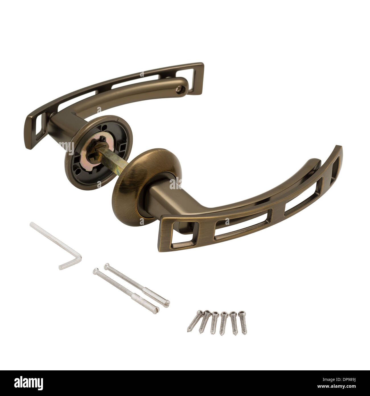 Classic door handle with inner mechanism isolated on white Stock Photo