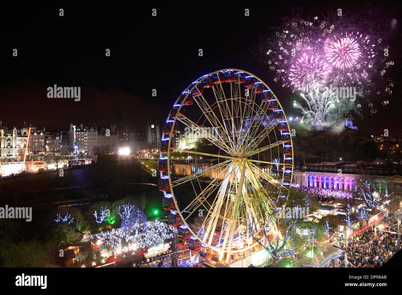 Up to 80,000 people are in Princes Street, Edinburgh, Scotland (31 Dec) as part of the Hogmanay Celebrations 2014. Stock Photo