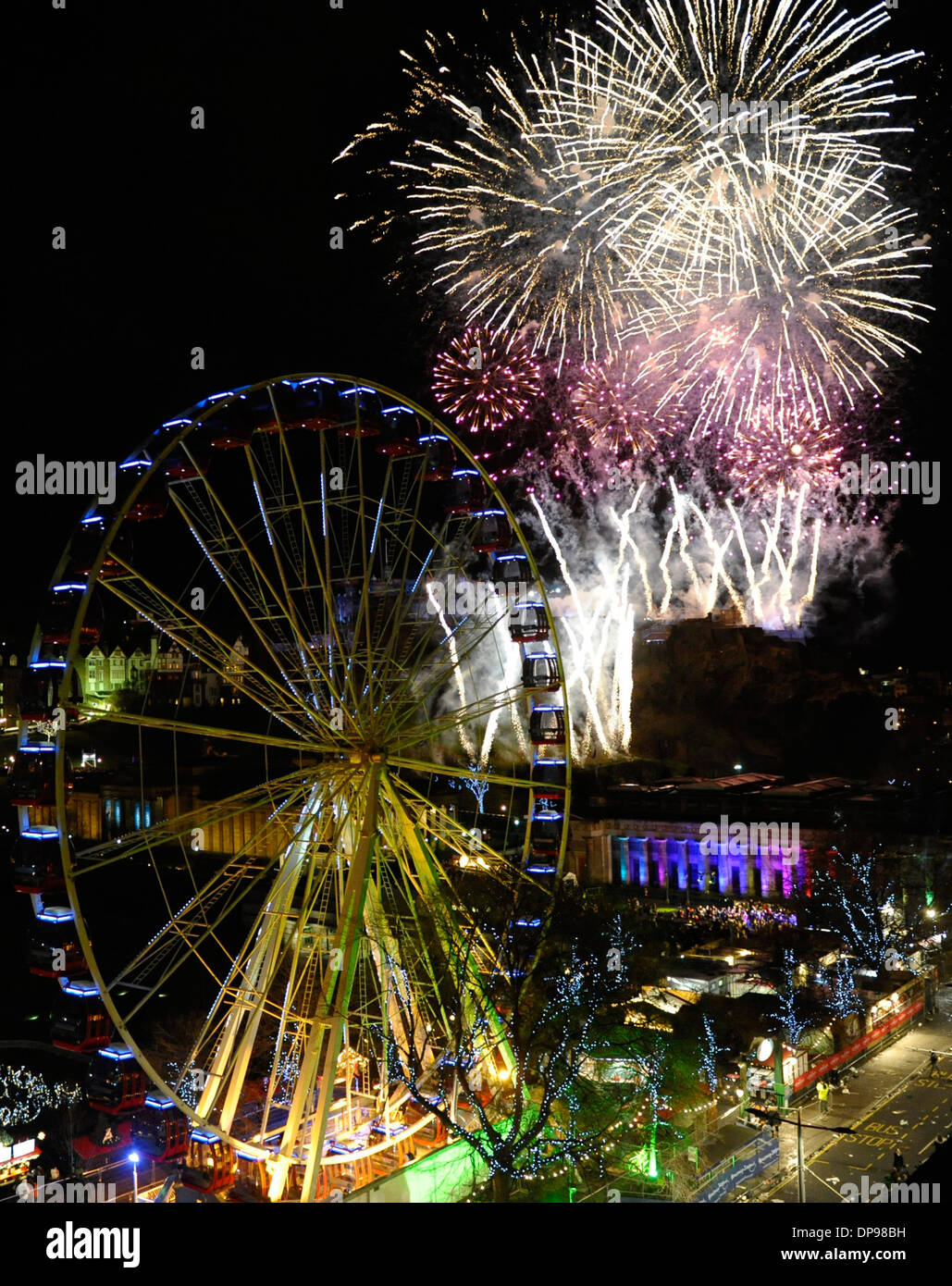 Up to 80,000 people are in Princes Street, Edinburgh, Scotland (31 Dec) as part of the Hogmanay Celebrations 2014. Stock Photo