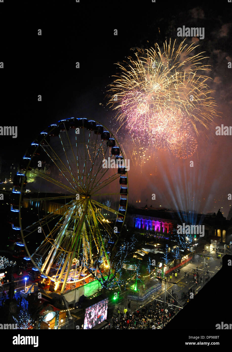 Up to 80,000 people are in Princes Street, Edinburgh, Scotland (31 Dec) as part of the Hogmanay Celebrations 2014. Stock Photo