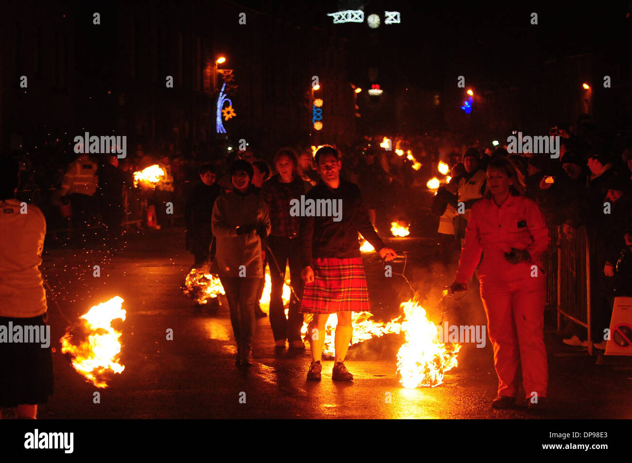 Participants at the annual fireball parade in Stonehaven, Aberdeenshire, welcome in the year 2014 31/12/2013 Stock Photo