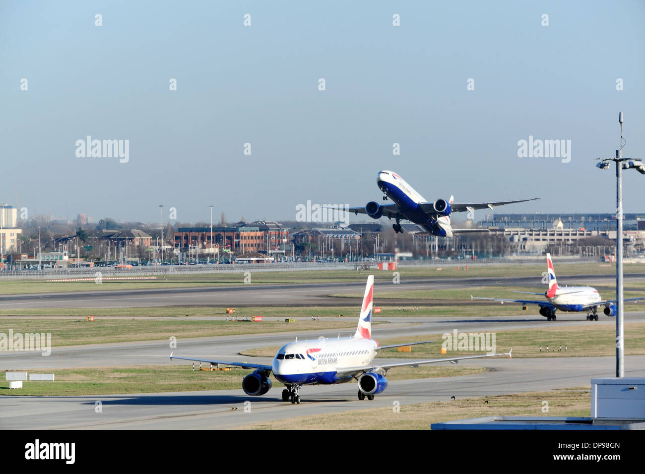 British Airways Boeing 767 takes off at Heathrow Airport runway 27R Stock Photo
