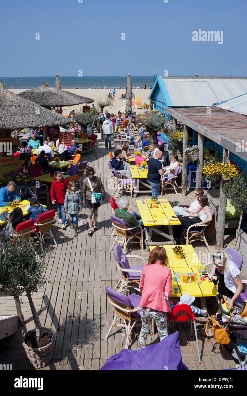 Beach club restaurant in Scheveningen area by the North Sea in the Hague, Holland, Netherlands. Stock Photo