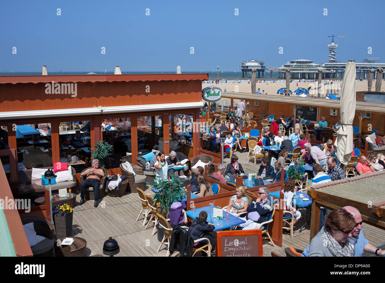 Beach club cafe restaurant in Scheveningen area by the North Sea in the Hague, Holland, Netherlands. Stock Photo