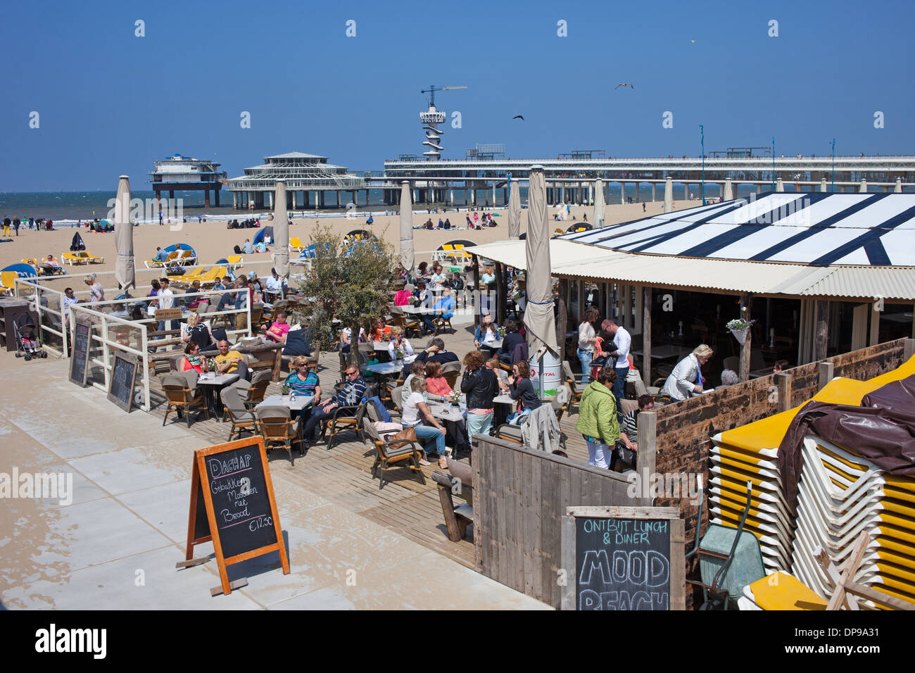 Club cafe restaurant on Scheveningen beach by the North Sea in the Hague, Holland, Netherlands. Stock Photo