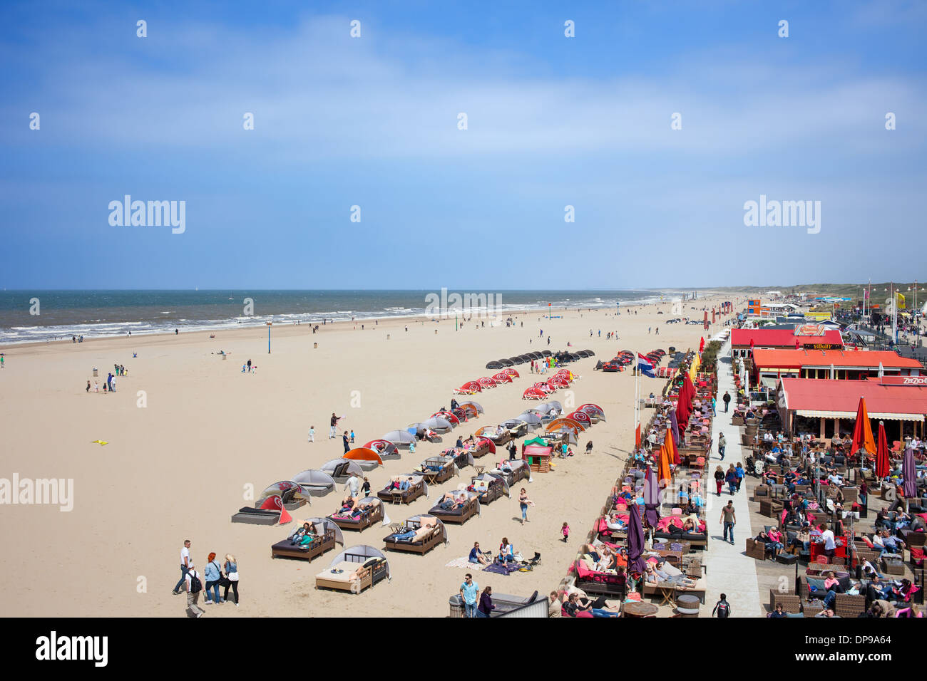 Cafes, restaurants, clubs along the Scheveningen beach by the North Sea in The Hague, Holland, Netherlands. Stock Photo