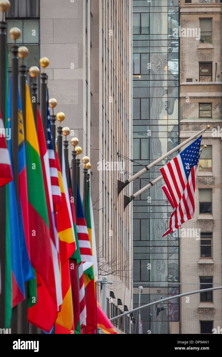 International flags on display at Rockefeller Center, Manhattan, New York City, USA Stock Photo