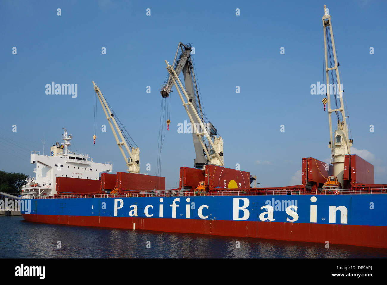 Pacific Basin bulk carrier docked at SEA-invest / Ghent Coal Terminal / GCT at the port of Ghent, East Flanders, Belgium Stock Photo