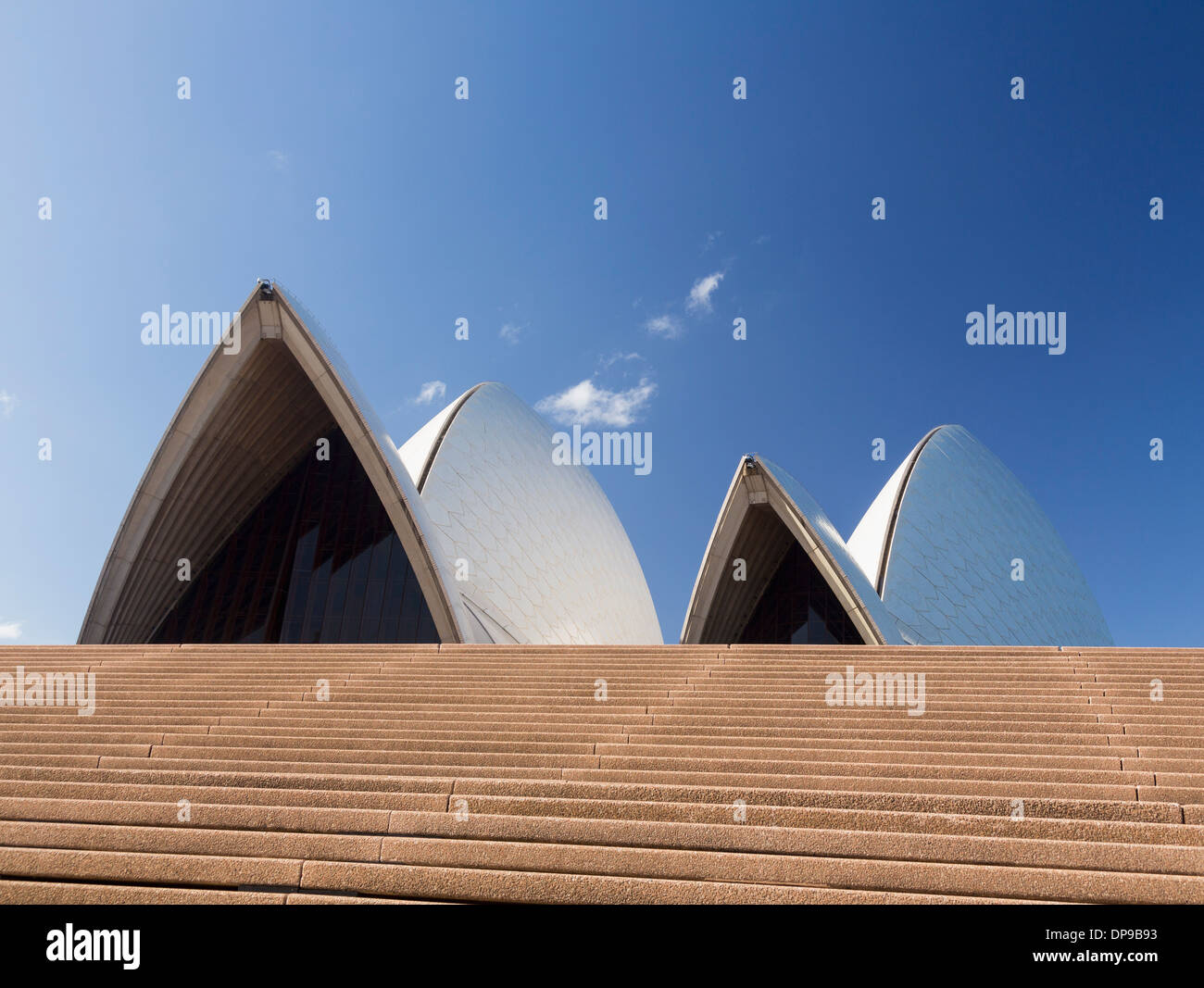 Roof of Sydney Opera House showing above its grand staircase steps Stock Photo