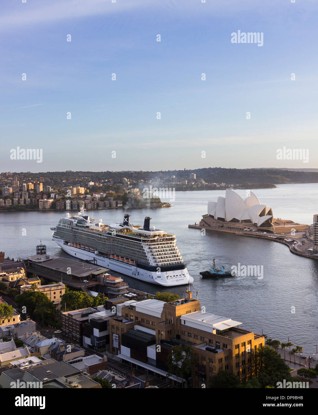 Sydney Harbour with the a cruise ship leaving the harbor, Australia Stock Photo