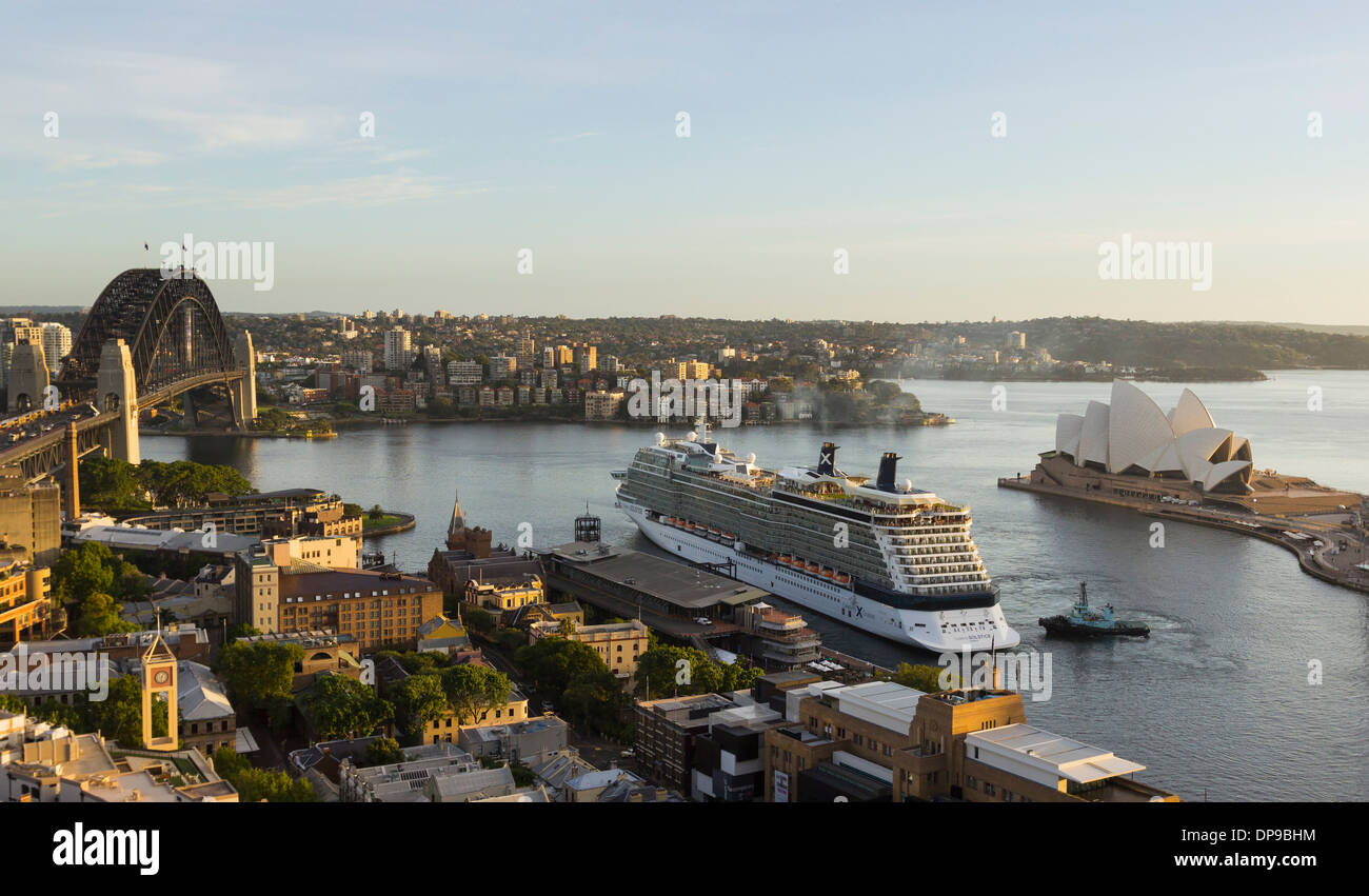 Sydney Harbour with the Celebrity Solstice Cruise ship leaving the harbor, Australia Stock Photo