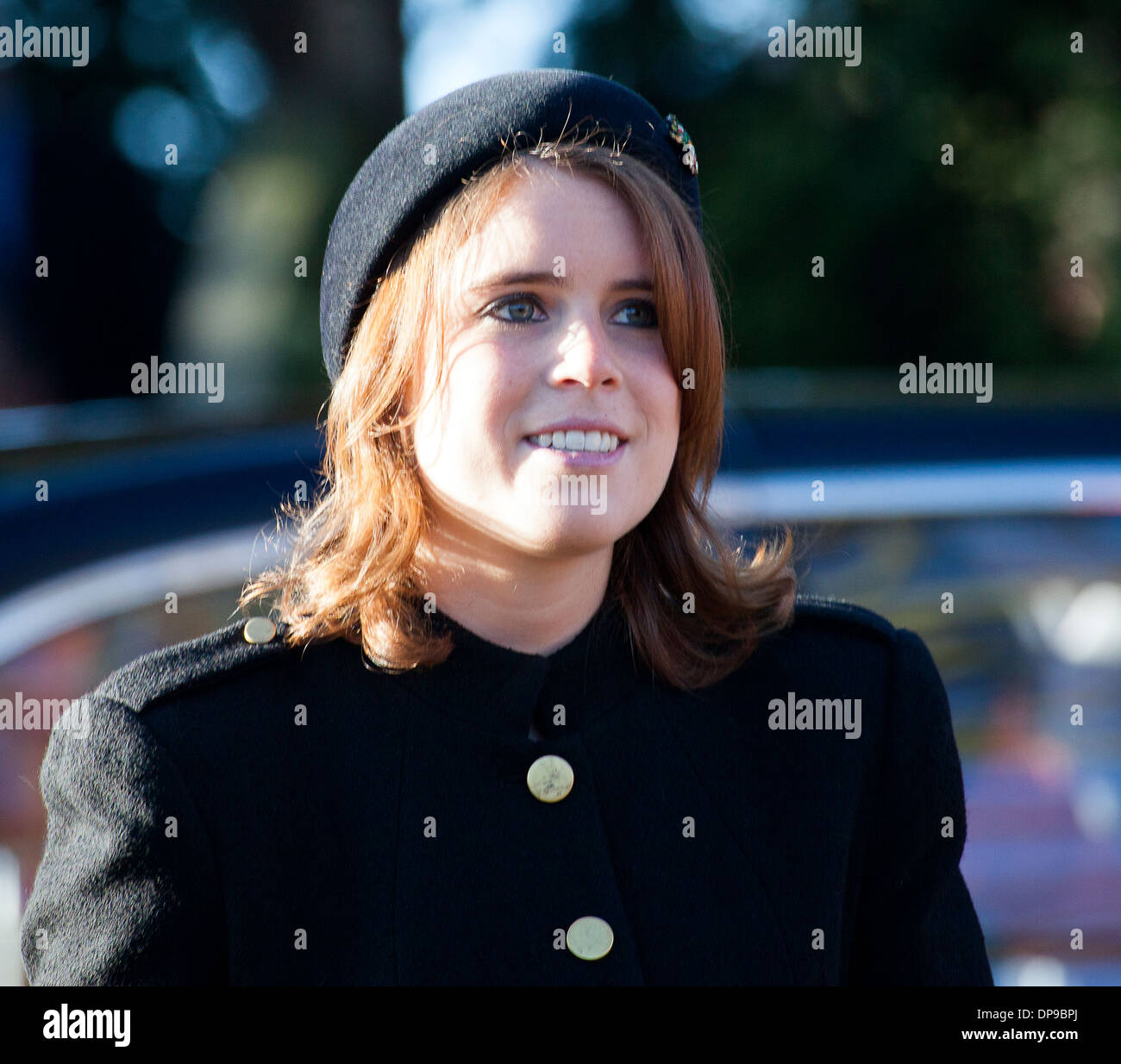 Princess Eugenie attends the Royal Family service in Sandringham on Christmas Day 2013 Stock Photo