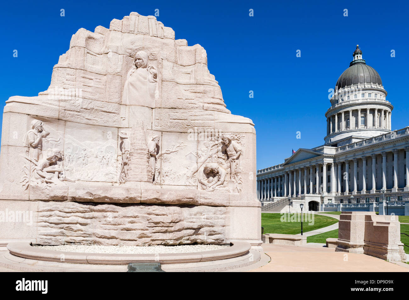 The Mormon Battalion Monument in front of the Utah State Capitol, Salt Lake City, Utah, USA Stock Photo