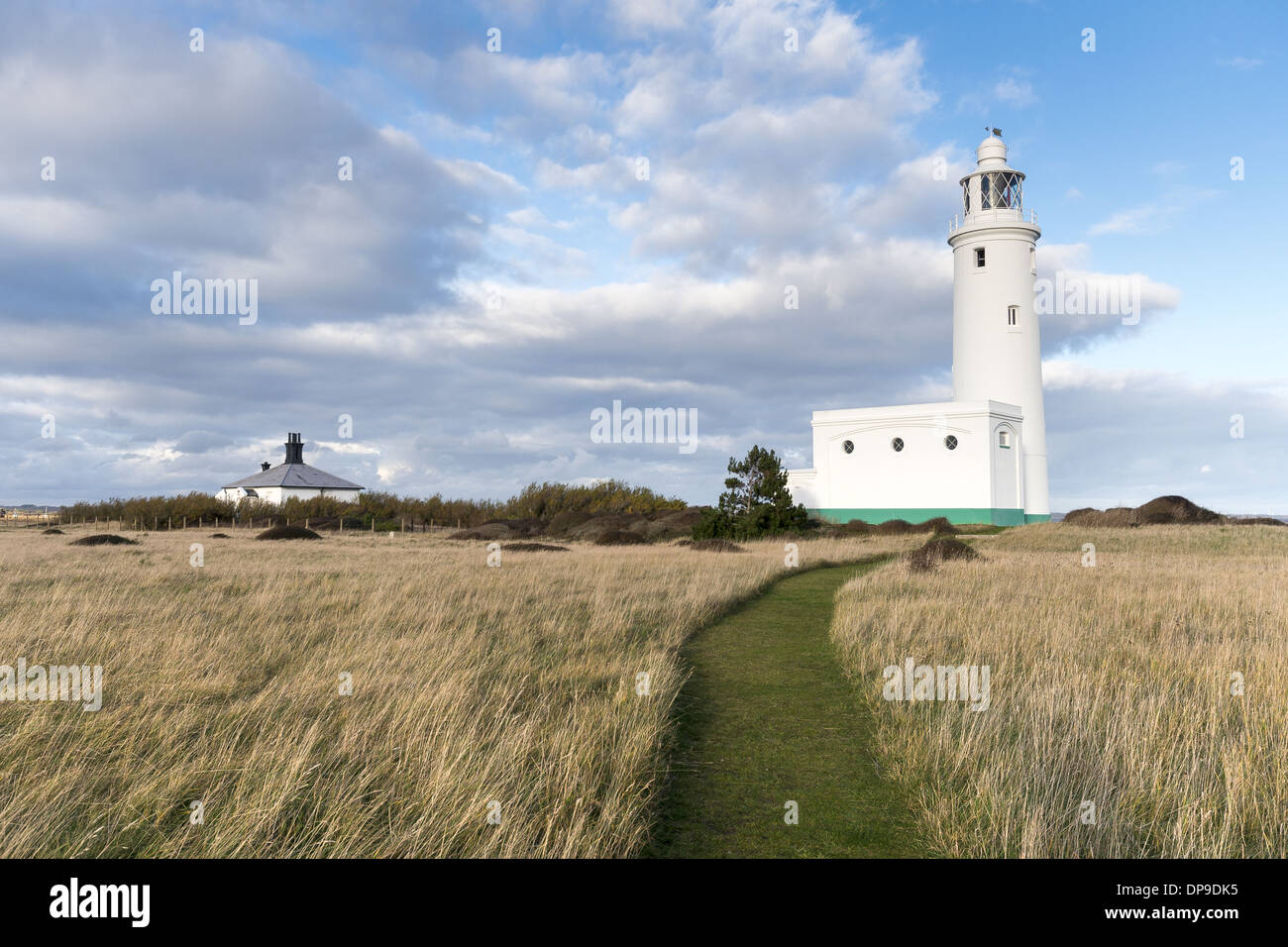 Hurst Point lighthouse located at the end of the long shingle spit next to Hurst Castle near Milford-on-Sea, England, UK Stock Photo