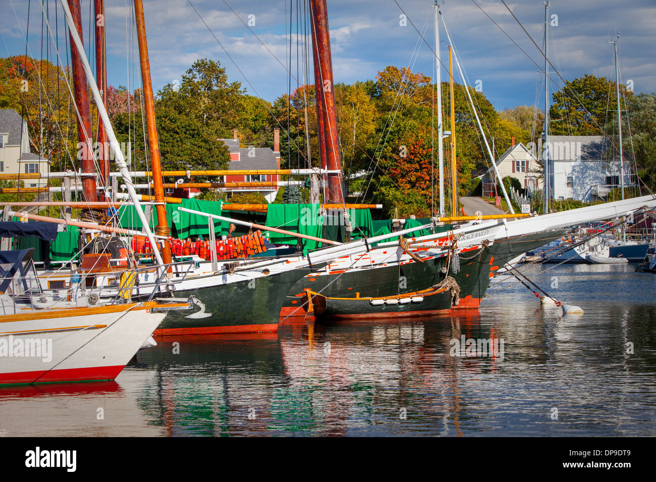 Sailing ships lined up in the harbor in Camden, Maine, USA Stock Photo