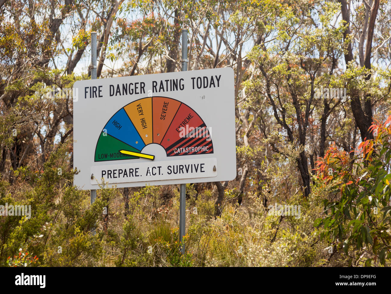 Fire Danger warning sign for bush fire forest fires in Blue Mountains, New South Wales, Australia Stock Photo