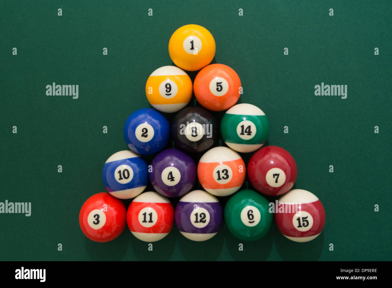 Pool balls set up at the start of a game Stock Photo