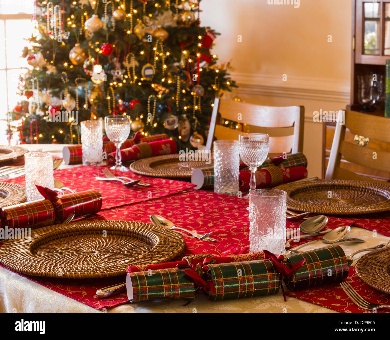 Christmas table setting at home in the dining room on Christmas Day Stock Photo