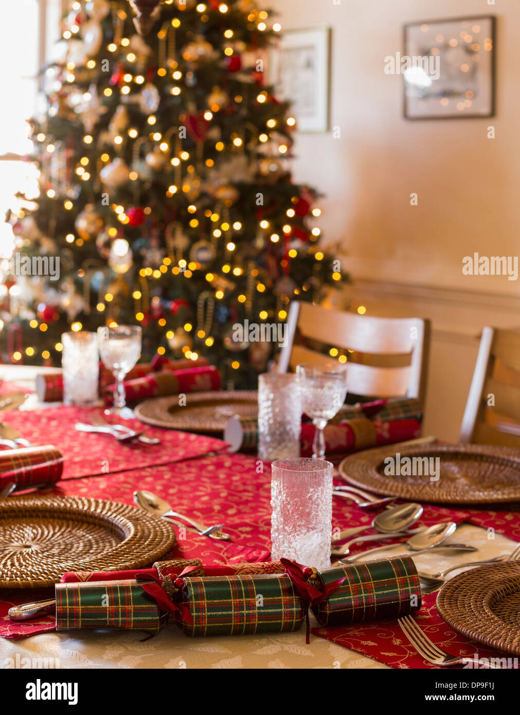 Christmas table place setting on Christmas Day Stock Photo